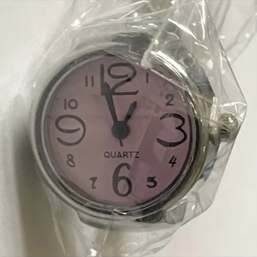 Retro Silver with Pink Stainless Steel Stretch Band Quartz Movement Ring Watch